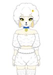 accessory afro anthro bottomwear breasts clothed clothing collar crop_top female fur hair hair_accessory looking_at_viewer machine open_mouth shirt shorts simple_background smile solo thick_thighs topwear white_body white_fur wool_(fur) yellow_eyes anuvisur_(artist) the_walten_files sha_(twf) animatronic bovid caprine mammal robot sheep absurd_res digital_media_(artwork) hi_res