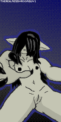 black_fingernails black_hair black_nails black_nipples blue_background breasts colored_nails creepy female fingernails flat_chested genitals gradient_background grey_background grey_body grey_skin hair long_ears long_hair low-angle_view nails navel nipples nude nude_female nude_humanoid reaching reaching_out reaching_towards_viewer sharp_fingernails sharp_nails simple_background slightly_open_mouth small_breasts solo vulva therealmessyroomguy1 mohrta humanoid animated