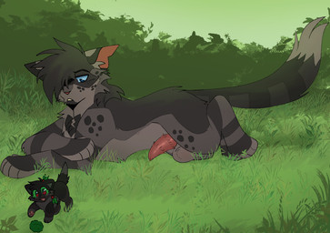 age_difference ambiguous_gender animal_genitalia animal_penis balls crossed_legs dipstick_tail feline_genitalia feline_penis feral freckled_face freckles fur genitals glistening glistening_eyes glistening_genitalia glistening_penis gloves_(marking) grass green_sclera hair hair_over_eye heart_(marking) holly_(plant) looking_at_butt lying male markings notched_ear older_male on_front open_mouth open_smile pawpads paws penile_spines penis pink_inner_ear pink_nose pink_pawpads plant pupils raised_paw red_pupils simple_background smile spots spotted_body spotted_fur spotted_markings stare striped_body striped_legs striped_markings striped_tail stripes tail tail_markings young young_ambiguous wastepaw warriors_(book_series) ashfur_(thunderclan) hollyleaf_(warriors) domestic_cat felid feline felis mammal 2025 digital_drawing_(artwork) digital_media_(artwork) hi_res shaded simple_shading