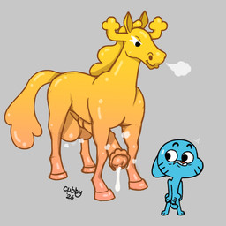 2_horns 3_fingers 3_toes alternate_species animal_genitalia animal_penis anthro anthro_on_feral antlers balls bestiality big_balls big_penis biped black_eyes black_markings blonde_mane blue_balls blue_body blue_ears blue_fur blue_penis blue_tail bodily_fluids breath crossgender cum duo ears_down equine_genitalia equine_penis erection eyebrows eyelashes facial_markings feet feral feralized fingers flared_penis ftm_crossgender fur genital_fluids genitals glistening glistening_balls glistening_body glistening_genitalia glistening_penis gradient_body grey_background head_markings hooves horn interspecies larger_feral leaking_cum looking_back looking_back_at_penis looking_down looking_down_at_partner male male/male male_anthro male_feral mane markings medial_ring mouth_closed multicolored_body multicolored_penis multicolored_tail musky_balls musky_penis nervous nervous_sweat orange_balls orange_body orange_penis orange_tail penis penis_size_difference pink_nose pink_penis pivoted_ears quadruped raised_eyebrows red_body red_hooves shota simple_background size_difference small_penis smaller_anthro smile smirk snout standing sweat sweaty_face tail tail_between_legs toes toony two_tone_penis unguligrade urethra whisker_markings wide_eyed yellow_antlers yellow_body yellow_ears yellow_horn yellow_tail young young_anthro young_male cubby_chambers cartoon_network the_amazing_world_of_gumball gumball_watterson penny_fitzgerald domestic_cat equid equine felid feline felis horse mammal 1:1 2026 dated hi_res signature gynomorph_(lore)