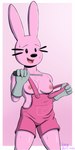 4_fingers anthro areola black_eyebrows black_eyes black_nose bodily_fluids border breasts clothed clothing clothing_pull eyebrows female fingers gloves grey_clothing grey_gloves grey_handwear handwear holding_object humanoid_hands looking_at_another nipples open_mouth overalls pink_clothing pink_overalls screwdriver simple_background simple_eyes solo sweat sweatdrop tongue tools undressing white_border kingdorkster wow!_wow!_wubbzy! widget lagomorph mammal 2023 absurd_res digital_media_(artwork) hi_res pink_theme signature