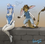 anthro bottomless breasts bunny_costume cleavage clothed clothing costume dialogue duo fake_ears fake_rabbit_ears female humor long_tail nervous on_wall shy sitting skimpy smile standing stone_wall stripes tail text uhoh wall_(structure) ambrosine333 slightly_damned kieri_suizahn rhea_snaketail angel jakkai digital_media_(artwork) english_text full-length_portrait portrait