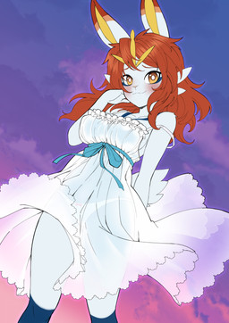 anthro anthrofied blue_bow_ribbon bow_ribbon breasts clothing dipstick_ears dress ear_markings female fur hair multicolored_ears orange_eyes panties pokemorph red_ear_tips red_hair solo translucent translucent_clothing translucent_dress underwear white_body white_clothing white_fur white_panties white_sclera white_underwear nataly-b nintendo pokemon maeve_(almightyvokial) cinderace generation_8_pokemon humanoid lagomorph leporid mammal pokemon_(species) rabbit absurd_res hi_res