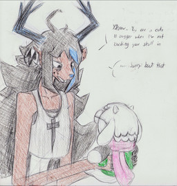 anthro antlers bangs black_hair blue_highlights blue_nose brown_body brown_fur buckteeth cartoon_freckles clothing dialogue duo eye_bags female freckled_ears freckled_face freckles fur hair highlights_(coloring) horn jewelry necklace pink_scarf plushie scarf shirt tank_top teeth text topwear jazzmaster_j deltarune undertale_(series) dess_holiday ralsei deer mammal new_world_deer reindeer 2026 absurd_res hi_res sketch traditional_media_(artwork)