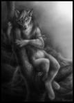 anthro armband biped black_border border branch cheek_tuft claws digitigrade facial_tuft female fur hair long_hair looking_at_viewer nude outside plant sitting solo tree tuft omega_lioness canid canine canis mammal wolf black_and_white monochrome