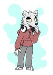 anthro barefoot bottomwear clothing ear_piercing ear_ring electronics feet headphones headphones_around_neck hoodie male pants piercing ring_piercing simple_background solo topwear yellow_eyes gremloid_goat trevor_waters bear mammal polar_bear ursine hi_res