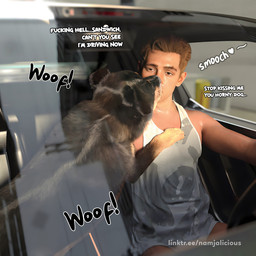 ambiguous_gender bestiality bestiality_kiss brown_eyes brown_hair car clothing driving duo feral hair human_on_feral inside_car inside_vehicle interspecies kissing male male/ambiguous male_on_feral onomatopoeia shirt sound_effects speech_bubble tank_top text topwear vehicle namjalicious canid canine canis domestic_dog human mammal 1:1 3d_(artwork) digital_media_(artwork) english_text url