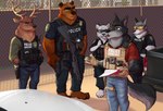 anthro briefing bulletproof_vest clothing detective eyewear group gun holstered_pistol male mossberg_500 police police_badge police_officer police_uniform ranged_weapon shell_(projectile) shotgun shotgun_shell size_difference sunglasses tactical_gear uniform vehicle weapon psakorn_tnoi disney zootopia axel_wolfram ben_bearett_(grizzlygus) dietrich_"red"_burkhart officer_wolfard ralph_(grizzlygus) bear brown_bear canid canine canis cervine deer felid grizzly_bear mammal pantherine red_deer snow_leopard ursine wolf 2022