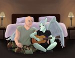 5_fingers acoustic_guitar anthro bald bed bedding bedroom biped black_clothing black_shirt black_topwear blue_body blue_scales bone_frill bottomwear camo camo_bottomwear camo_clothing camo_pants camo_print clothed clothed_anthro clothed_female clothed_human clothed_male clothing cross crossed_legs duo elbow_feathers feathered_wings feathers feet female fingers frill_(anatomy) front_view furniture green_clothing green_eyes green_shirt green_topwear grey_body grey_feathers grey_hair guitar hair hand_on_hip happy humanoid_feet humanoid_hands inside jewelry lamp long_hair looking_at_another looking_down male male/female markings musical_instrument necklace orange_eyes pants pattern_bottomwear pattern_clothing pattern_pants pillow plantigrade plucked_string_instrument romantic romantic_couple scales shirt side_hug sitting smile string_instrument striped_markings stripes text topwear using_wings wing_hug wings ashtober cavemanon_studios goodbye_volcano_high snoot_game anon_(snoot_game) fang_(gvh) human mammal prehistoric_species pterodactylus pterosaur reptile scalie artist_name colored hi_res shaded