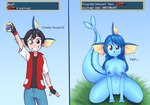 2021 anthro before_and_after bent_legs black_hair blue_body blue_hair blush breast_growth breasts comic eeveelution english_text evolutionary_stone extended_arms female gameplay_mechanics gender_transformation generation_1_pokemon grass growth hair hands_between_legs holding_evolutionary_stone holding_object human human_to_anthro instant_loss_2koma instant_transformation kneeling looking_at_viewer male mammal medium_breasts mtf_transformation nintendo nipples one_hand_up overwritten plant pokemon pokemon_(species) pokemon_speak raised_arm raised_hand red_(pokemon) simple_background smile solo species_transformation standing straight_legs strikethrough tail tail_growth text text_box thick_tail transformation vaporeon water_stone zorym