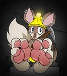 3_toes anthro armor brown_body brown_fur ear_piercing feet foot_focus fur grey_body grey_fur headgear helmet humanoid_feet male miner pawpads pickaxe piercing plantigrade sitting soles solo toes electricsnowfox mammal species_request hi_res