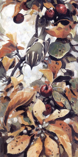 beak black_beak branch cherry feathers feral food fruit grey_body grey_feathers leaf multicolored_body multicolored_feathers on_branch plant snow solo white_body white_feathers winter renum63 avian bird oscine pallas's_warbler passerine warbler 2014 acrylic_painting_(artwork) painting_(artwork) traditional_media_(artwork) traditional_painting_(artwork)