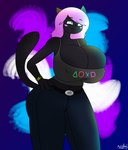 anthro belt big_breasts black_body black_fur blush bottomwear breasts clothing denim denim_bottomwear denim_clothing female fur hair huge_breasts jeans pants pink_hair smile solo spaghetti_top sweatband tail wide_hips xmetalhusky playstation sony_corporation sony_interactive_entertainment dalila_(xmetalhusky) felid feline mammal hi_res