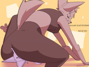 ambiguous_gender anthro clothed clothed_female clothing dialogue dominant dominant_anthro dominant_female duo eyes_closed facesitting female female/ambiguous fur furgonomic_pants geometric_background punishment simple_background sitting sitting_on_another tail talking_to_another text taintedcan canid canine mammal absurd_res artist_name digital_drawing_(artwork) digital_media_(artwork) english_text hi_res