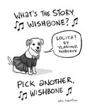 clothed clothed_feral clothing crossdressing dialogue dress eye_spot feral humor male musical_note musical_symbol offscreen_character open_mouth shadow singing sitting solo speech_bubble spots symbol tail tail_motion tailwag talking_feral text will_santino lolita_(novel) pbs wishbone_(series) wishbone_(wishbone) canid canine canis domestic_dog mammal english_text hi_res monochrome signature