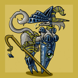 anthro armor bent_over boob_armor breasts clothed clothed_anthro clothed_female clothing eyewear female fur gauntlets glasses glistening glistening_breasts glistening_tail glistening_thighs gloves greaves grey_body grey_fur handwear hat headgear headwear knight leaning_on_object long_tail magic_user neckwear pattern_clothing shield simple_background skimpy small_waist smoking_pipe solo staff standing striped_clothing stripes tail thick_thighs unconvincing_armor warrior wearing_glasses wide_hips witch_hat yellow_background zhmernalt steamfalish_witch 1:1 hi_res