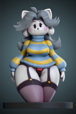 anthro beady_eyes black_nose blue_clothing blue_sweater blue_topwear blush bottomless breasts clothed clothing derp_eyes eyelashes female fur garter_belt garter_straps grey_hair hair legwear long_hair looking_at_viewer panties pattern_clothing pattern_sweater pattern_topwear pose ribbons seductive smile solo standing stockings striped_clothing striped_sweater striped_topwear stripes sweater thick_thighs topwear turtleneck underwear white_body white_fur wide_hips newtype_hero undertale undertale_(series) temmie_(undertale) canid canine canis domestic_cat domestic_dog felid feline felis mammal tem 2018 2:3 3d_(artwork) absurd_res digital_media_(artwork) hi_res pinup