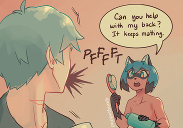 anthro asking_another asking_for_help beverage blue_hair bottle breasts brown_body brush casual_nudity coffee coffee_mug container cup dialogue duo fangs featureless_breasts female gloves_(marking) gradient_background hair hairbrush holding_bottle holding_brush holding_container holding_object inner_ear_fluff looking_at_another male markings mask mug multicolored_eyes neck_scar nude nude_female open_mouth pointy_ears prick_ears shocked simple_background small_breasts soap_bottle speech_bubble spit-take talking_to_another tan_background teeth text tuft puppetbomb brand_new_animal studio_trigger michiru_kagemori shirou_ogami canid canine human mammal raccoon_dog tanuki artist_name english_text