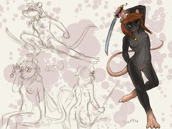 anthro areola black_body black_fur braided_hair braided_pigtails breasts butt feet female fur genitals green_eyes grey_body grey_fur hair holding_object holding_weapon katana looking_at_viewer melee_weapon multiple_poses nipples nude nude_anthro nude_female pigtails pose rat_tail red_hair simple_background sitting small_breasts smile solo standing sword tail vulva weapon caribou_(artist) akna_(bahumot) mammal murid murine rat rodent 2016 digital_media_(artwork) multiple_images sketch_page