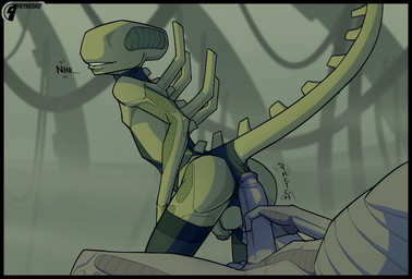 anthro balls bent_over bite biting_lip bodysuit clothed clothing crossdressing crossdressing_male duo erection flaccid foreskin genitals green_body green_skin grey_body grey_skin humanoid_genitalia humanoid_penis legwear long_tail male male/male masturbation penetration penetration_through_clothing penis prodding shallow_penetration skinsuit stockings tail teasing tight_clothing tight_fit petresko alien_(franchise) kayzee_(kanekasier) alien xenomorph