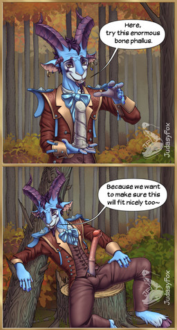 animal_genitalia animal_penis anthro arm_support beard bulge caprine_genitalia caprine_penis clothed clothing costume curved_horn dialogue ear_piercing ear_ring facial_hair fingers forest forest_background genitals hooves horn jewelry looking_at_viewer male nature nature_background outside penis piercing plant ring_piercing sitting solo speech_bubble standing text toy tree judasyfox dota valve valve_corporation quartero_the_unburdened bovid caprine goat mammal satyr absurd_res comic english_text hi_res
