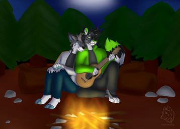 acoustic_guitar anthro campfire clothed clothing duo guitar male male/male musical_instrument plucked_string_instrument romantic romantic_ambiance romantic_couple smile string_instrument sarkery_drawings aiden_(skitch) deacon_(skitch) canid canine canis felid leopard mammal pantherine wolf hi_res
