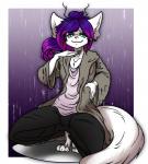 anthro bottomwear cardigan claws clothing coat crouching fingers fur hair horn looking_at_viewer multicolored_hair pants shirt simple_background smile solo topwear white_body white_fur mysticfluff canid canine mammal absurd_res digital_media_(artwork) hi_res