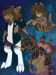 anthro black_pawpads brown_body brown_hair ear_piercing ear_ring fishnet_tailwear hair male markings pawpads piercing ring_piercing solo spots spotted_body yellow_eyes sleepycatstudios fish marine shark 3:4 model_sheet