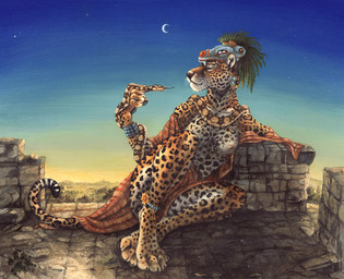 4_toes anklet anthro barefoot biped black_pawpads breasts claws clothed clothing digitigrade duo ear_piercing ear_ring feet female feral jewelry moon nipples pawpads paws piercing ring_piercing robe sitting solo_focus sunset tail toes topless tribal blotch felid jaguar mammal pantherine reptile scalie snake