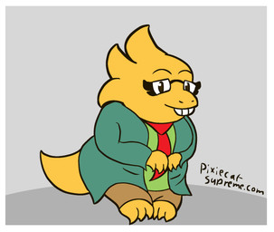 anthro border clothed clothing eyewear female glasses slightly_chubby slightly_chubby_anthro slightly_chubby_female smile smiling_at_viewer solo standing tail teacher teeth_showing wearing_glasses white_border yellow_body pixiecatsupreme deltarune undertale_(series) alphys boss_monster_(undertale) lizard reptile scalie hi_res