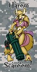 3_toes 4_fingers abstract_background anklet anthro bell_anklet blonde_hair bracelet breasts camo cheek_tuft claws clothed clothing digit_ring ear_piercing ear_ring facial_tuft feet female fingers fur gatling_gun green_eyes gun hair harem_outfit holding_gun holding_object holding_ranged_weapon holding_weapon jewelry looking_at_viewer machine_gun midriff minigun multicolored_body multicolored_fur navel_jewelry necklace nipples open_mouth open_smile piercing ranged_weapon ring ring_piercing skimpy smile solo text toe_claws toe_ring toes translucent translucent_clothing tuft two_tone_body two_tone_fur weapon wide_hips wolfkidd canid canine fennec_fox fox mammal true_fox 2010 english_text