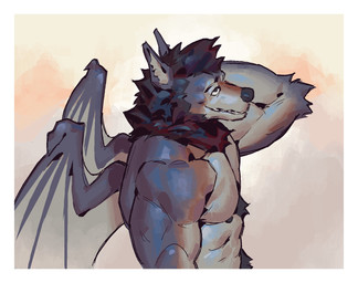 anthro arm_tuft back_wings biceps black_eyes black_mane blue_body blue_fur border countershade_arms countershade_face countershade_fur countershade_torso countershading deltoids elbow_tuft fur inner_ear_fluff looking_up male mane membrane_(anatomy) membranous_wings multicolored_body multicolored_fur muscular muscular_anthro muscular_male nipples nude nude_anthro nude_male open_mouth open_smile pecs pointy_ears pose side_view simple_background smile snout solo tan_background tan_body tan_fur tan_inner_ear_fluff tan_sclera teeth tuft two_tone_body two_tone_fur white_border wings kingarthur_i canid mammal 2024 digital_drawing_(artwork) digital_media_(artwork) half-length_portrait hi_res portrait