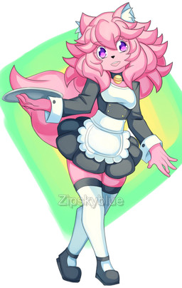anthro clothing female footwear fur holding_object holding_plate maid_uniform neckwear pink_body pink_fur plate purple_eyes smile uniform zipskyblue hanako_(zipskyblue) absurd_res hi_res