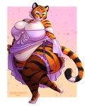 anthro belly big_belly big_breasts black_stripes breasts cheek_tuft clothed clothing eyelashes facial_tuft female fur glistening glistening_eyes green_eyes huge_belly huge_breasts legwear looking_at_viewer markings navel orange_body orange_fur overweight overweight_anthro overweight_female smile solo standing striped_arms striped_legs striped_markings striped_tail stripes tail tail_markings tight_clothing tuft tiggybloom felid mammal pantherine tiger 2020 artist_name dated hi_res