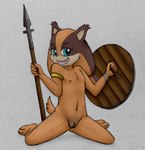 aged_down anthro armlet biped black_markings black_nose blue_eyes brown_body claws ear_tuft eyebrows female flat_chested front_view genitals head_markings holding_melee_weapon holding_object holding_polearm holding_shield holding_spear holding_weapon looking_at_viewer markings melee_weapon navel nipples nude open_mouth open_smile plantigrade polearm pussy shield short_tail simple_background smile solo spear tail teeth toe_claws tuft weapon young young_anthro animew sega sonic_boom sonic_the_hedgehog_(series) sticks_the_jungle_badger badger mammal mustelid musteline