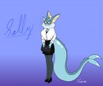 anthro big_breasts black_bottomwear black_clothing black_skirt blue_body blue_tail bottomwear breasts cleavage_cutout clothing computer cutout electronics eyewear female footwear formal_clothing glasses high_heels holding_object laptop legwear long_tail nervous secretary shoes skirt solo stockings tail white_clothing vusvox nintendo pokemon sally_(vusvox) eeveelution generation_1_pokemon pokemon_(species) vaporeon