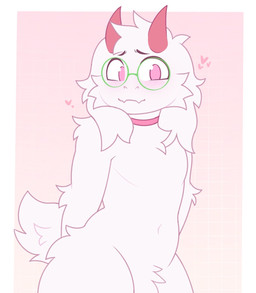 2_horns anthro arm_tuft blush blush_lines border cheek_tuft chest_tuft choker closed_smile crotch_tuft elbow_tuft eyewear facial_tuft femboy flesh_fang floppy_ears fluffy fluffy_tail fur geometric_background glasses green_eyewear green_glasses grid_background hands_behind_back head_tuft heart_symbol hearts_around_head horn jewelry male monotone_body monotone_fur mouth_closed navel necklace pattern_background pink_background pink_choker pink_eyes pink_horn pink_jewelry pink_necklace round_glasses shoulder_tuft simple_background smile solo tail tuft wearing_glasses white_body white_border white_fur ohalphabetboyy deltarune undertale_(series) ralsei bovid caprine goat mammal 2026 hi_res