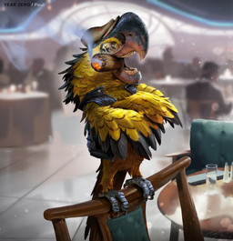 anthro beak blurred_background chair cigar cigar_in_mouth clothing crossed_arms feathered_wings feathers feet furniture glass hat headgear headwear inside jacket looking_aside male object_in_mouth smile solo standing table tail talons teeth toes topwear wings yellow_body yellow_feathers tommy_kinnerup year_zero_(movie) avian bird parrot 2022 absurd_res digital_media_(artwork) hi_res