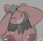 ^_^ anthro big_breasts breasts brown_body brown_fur brown_nipples clothing ears_up exposed_breasts eyes_closed female fur green_clothing hand_on_head happy inverted_nipples mature_anthro mature_female nipples simple_background smile solo tongue tongue_out miyang_draws! ah_eto..._bleh! mama_mellow_(anotherbearsimp) bear mammal hi_res meme