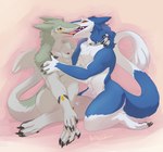 2022 abstract_background claws collar dragonasis duo eyes_closed french_kissing kissing kneeling markus_(dowantanaccount) open_mouth sergal tail tail_tuft tongue tuft