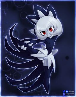 ballerina ballet blue_clothing blush breasts clothing dancing dress female flat_chested genitals hair holding_leg legwear nipples red_eyes serious_face solo standing thigh_highs vulva white_body white_hair orez_art palworld pocketpair humanoid pal_(species) solenne_(pal) absurd_res hi_res