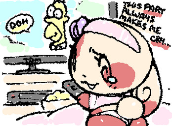 accessory ambiguous_gender anthro black_text bodily_fluids butt chibi clothed clothed_ambiguous clothed_anthro clothing controller dialogue electronic electronics ellipsis eyelashes floppy_ears food head_turned headband holding_controller holding_object holding_remote_control humor multicolored_body open_mouth panties pink_clothing pink_shirt pink_topwear popcorn remote_control shirt short_tail solo speech_bubble spiral spiral_eyes squigglevision tail talking_to_viewer tan_body tears television text topwear tv_remote two_tone_body underwear unusual_eyes watching_television ligma_(artist) nintendo pokemon the_simpsons homer_simpson generation_3_pokemon pokemon_(species) spinda 2026 animated digital_media_(artwork) english_text low_res wigglypaint_(artwork) female_(lore)