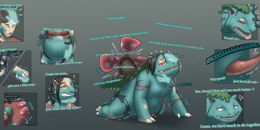 animal_genitalia animal_penis belly belly_expansion big_belly blue_body bodily_fluids claws clothing confusion cum cumshot dialogue disembodied_hand ejaculation erection expansion feral finger_claws flower genital_fluids genital_slit genitals ghost_hand growth hair human_to_feral hypnosis intelligence_loss kneeling leaf male mid_transformation mind_alteration mind_control penis petting plant red_eyes ringed_eyes solo species_transformation tapering_penis toe_claws tongue tongue_out torn_clothing transformation weight_gain diethyl nintendo pokemon elemental_creature flora_fauna generation_1_pokemon human mammal pokemon_(species) venusaur absurd_res hi_res
