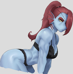 big_breasts black_bra black_clothing black_panties black_underwear blue_body blue_skin bra breasts clothing eyebrows eyelashes female frill_(anatomy) glistening glistening_body glistening_skin hair lingerie muscular muscular_female panties ponytail red_hair side_boob solo underwear meruzis undertale_(series) undyne animal_humanoid fish fish_humanoid humanoid marine marine_humanoid 2025 hi_res