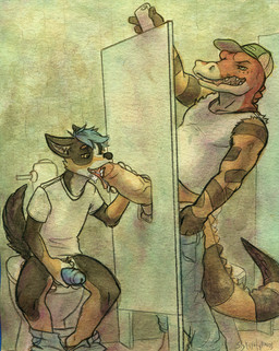 anthro anthro_on_anthro baseball_cap bathroom big_penis black_body black_fur bodily_fluids brown_body brown_fur camera clothing cum cum_in_mouth cum_inside duo erection fellatio foreskin fur genital_fluids genitals glory_hole hat headgear headwear huge_penis humanoid_genitalia humanoid_penis interspecies licking male male/male masturbation oral partially_retracted_foreskin penile penile_masturbation penis penis_lick public public_restroom recording restroom_stall sex toilet tongue tongue_out sicklyhypnos jonascorgi nomad_(lw) canid canine canis crocodile crocodilian domestic_dog herding_dog mammal pastoral_dog reptile scalie welsh_corgi traditional_media_(artwork)