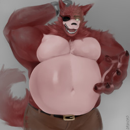 anthro belly belt big_belly bottomwear clothing eye_patch eyewear fur hook hook_hand male musclegut muscular muscular_anthro muscular_male open_mouth overweight pants pecs red_body red_fur solo drgizmo five_nights_at_freddy's scottgames foxy_(fnaf) canid canine fox mammal hi_res