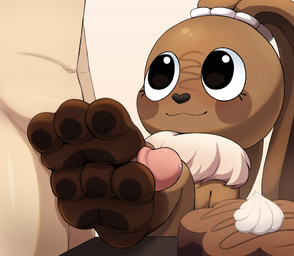 ambiguous_gender anthro brown_body brown_fur candy chocolate dessert duo erection feet female food foot_fetish foot_play footjob fur genitals male male/female penis sex pawsolie blushcrunch_studio dandy's_world roblox cocoa_(dandy's_world) human lagomorph leporid mammal rabbit toon_(dandy's_world) absurd_res digital_media_(artwork) hi_res