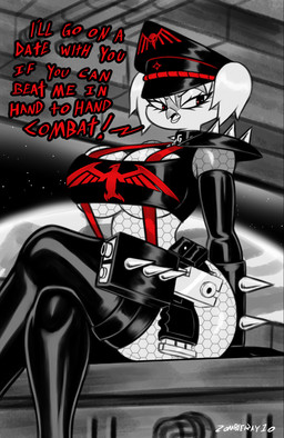 anthro armwear beak big_breasts breasts cleavage clothed clothing collar crossed_legs dialogue elbow_gloves female gloves gun handgun handwear latex latex_armwear latex_clothing latex_elbow_gloves latex_gloves latex_handwear latex_legwear latex_thigh_highs legwear pigtails pistol ranged_weapon red_eyes solo space spiked_collar spiked_pauldron spikes text thick_thighs thigh_highs under_boob weapon wearing_hat zombieray10 ingrid_von_panzerfaust avian bird 2025 english_text hi_res restricted_palette
