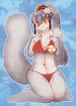 anthro big_breasts bikini blush breasts chest_tuft clothing female grey_hair hair kemono kneeling long_hair looking_at_viewer orange_eyes ponytail smile solo swimwear tomoe_(symbol) tuft two-piece_swimsuit dangan muramasa:_princess_commander silicon_studio asahina_yasuyoshi canid canine mammal raccoon_dog tanuki