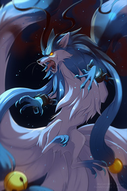 8_tails ambiguous_gender angry big_claws black_nose blue_body blue_claws blue_fur chained_cuffs cheek_tuft claws facial_tuft feral fur long_fangs long_snout midair multi_tail nude open_mouth pink_tongue snout solo tail tongue tongue_out tuft whiskers white_body white_fur white_whiskers yellow_eyes azzai canid canine fox hybrid mammal 2020 2:3 colored digital_drawing_(artwork) digital_media_(artwork) shaded